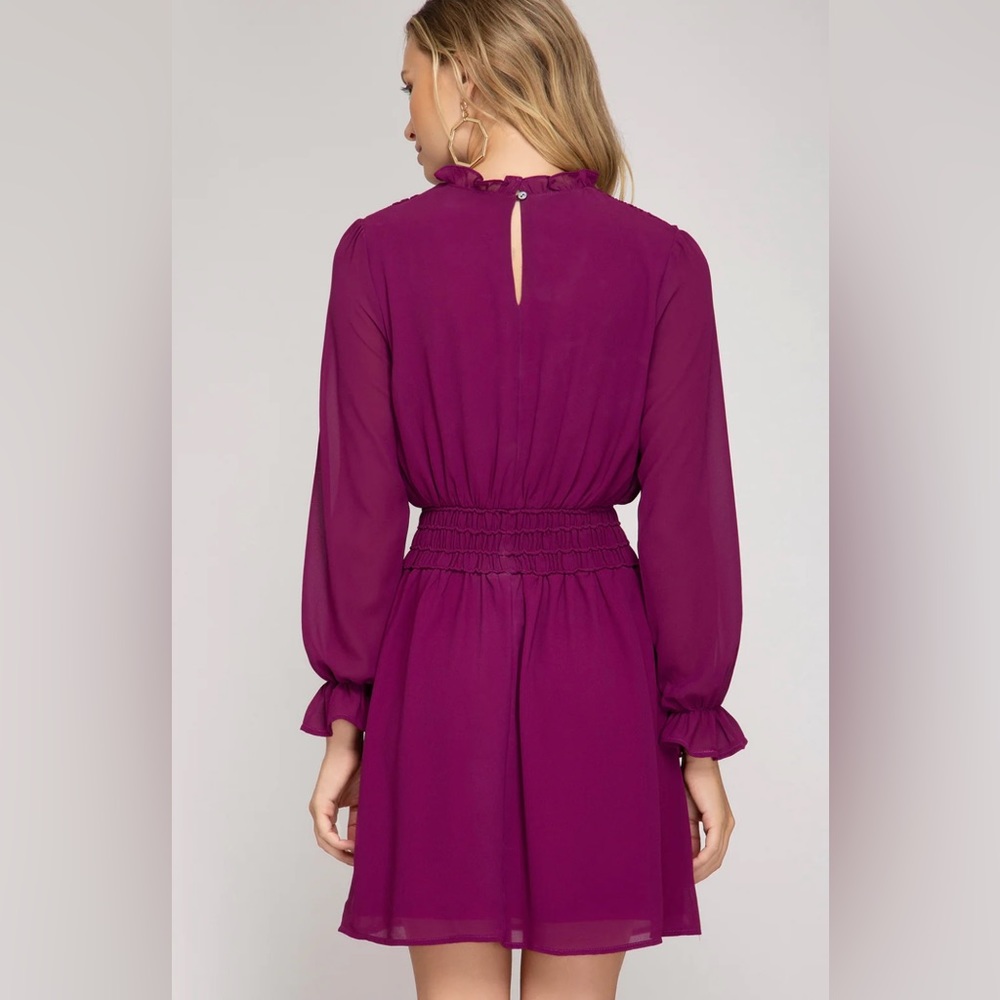 She + Sky Magenta Long Sleeve Mini Dress Sheer With Lining Women’s Size Medium - Picture 2 of 9